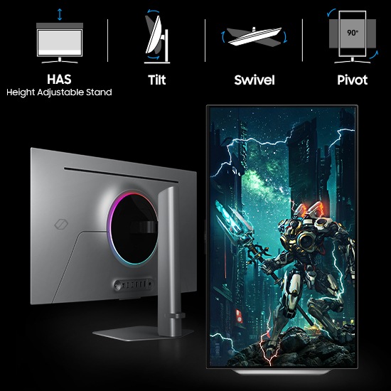 The back of the Odyssey OLED G8 is shown. Next to it, the G8 is in pivot mode, showing a futuristic robot on screen. Ergonomic options are listed: HAS (height adjustable stand), 90° Tilt, Swivel, and Pivot.