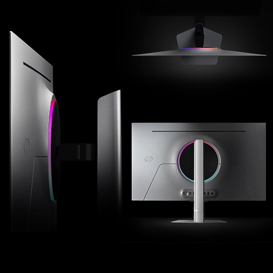 The Odyssey OLED G8 is shown from several different angles: from the side, from the top, and from behind. A circle of multicolored lights is seen from every angle.