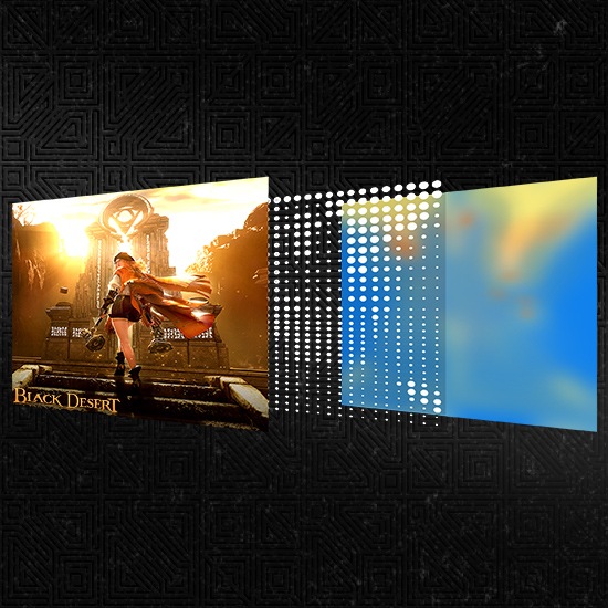 A scene from the game Black Desert is on the screen with a woman in front of an ancient pillar. Behind the screen are dots, with bigger dots where the bright spots are on the screen. Behind the dots is a thermal map, showing warmer colors where the bigger dots and brighter parts of the screen are.