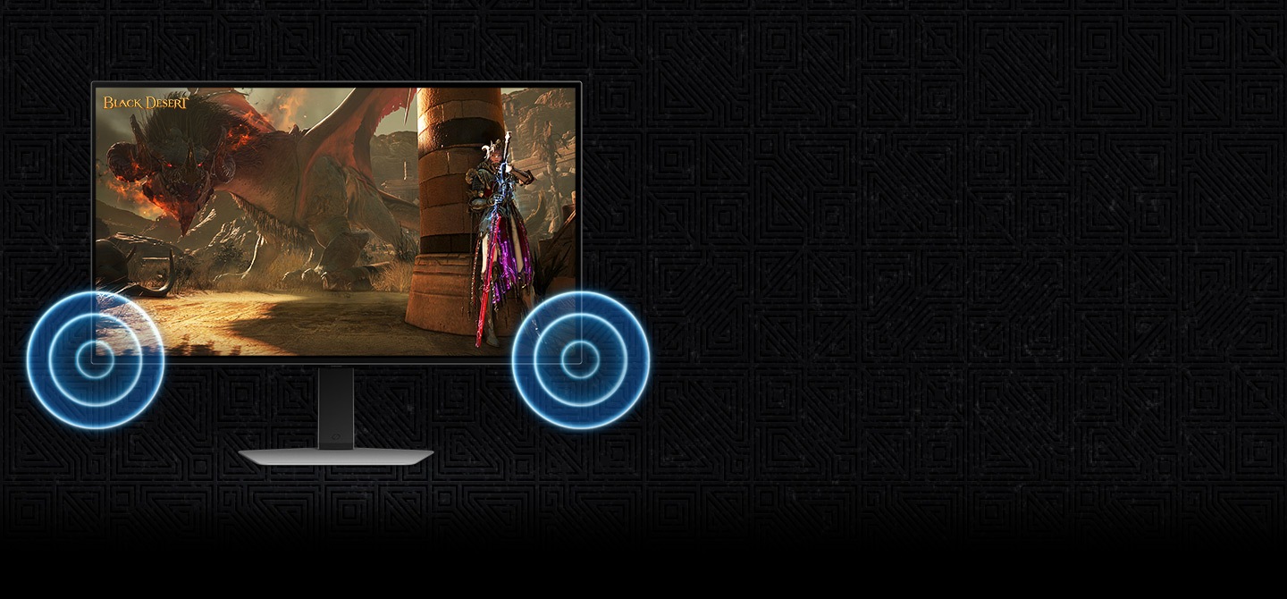 A monitor is shown with a scene from Black Desert, showing a warrior fighitng a dragon. Sounds waves are seen coming out of the bottom corners of the monitor.