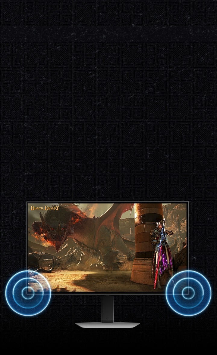 A monitor is shown with a scene from Black Desert, showing a warrior fighitng a dragon. Sounds waves are seen coming out of the bottom corners of the monitor.