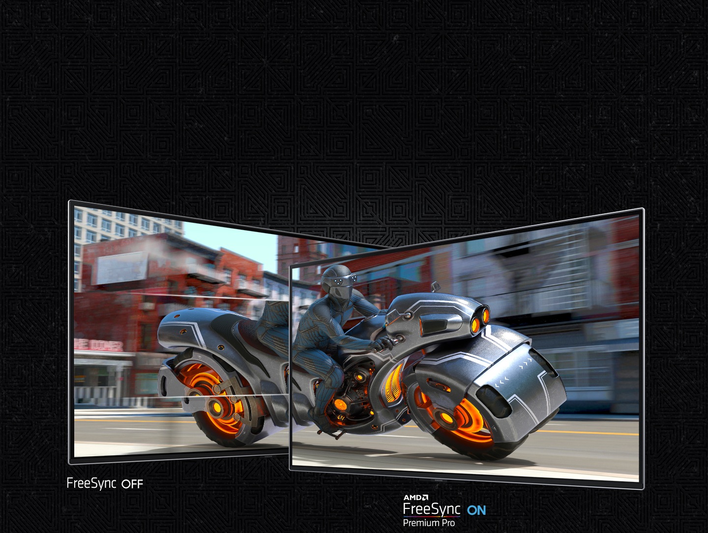 A screen shows a man riding a futuristic motorcycle and it is divided into two sections. The left section, labled 'FreeSync OFF' shows the screen stuttering. The right side, labled 'AMD FreeSync Premium Pro ON' is clear.