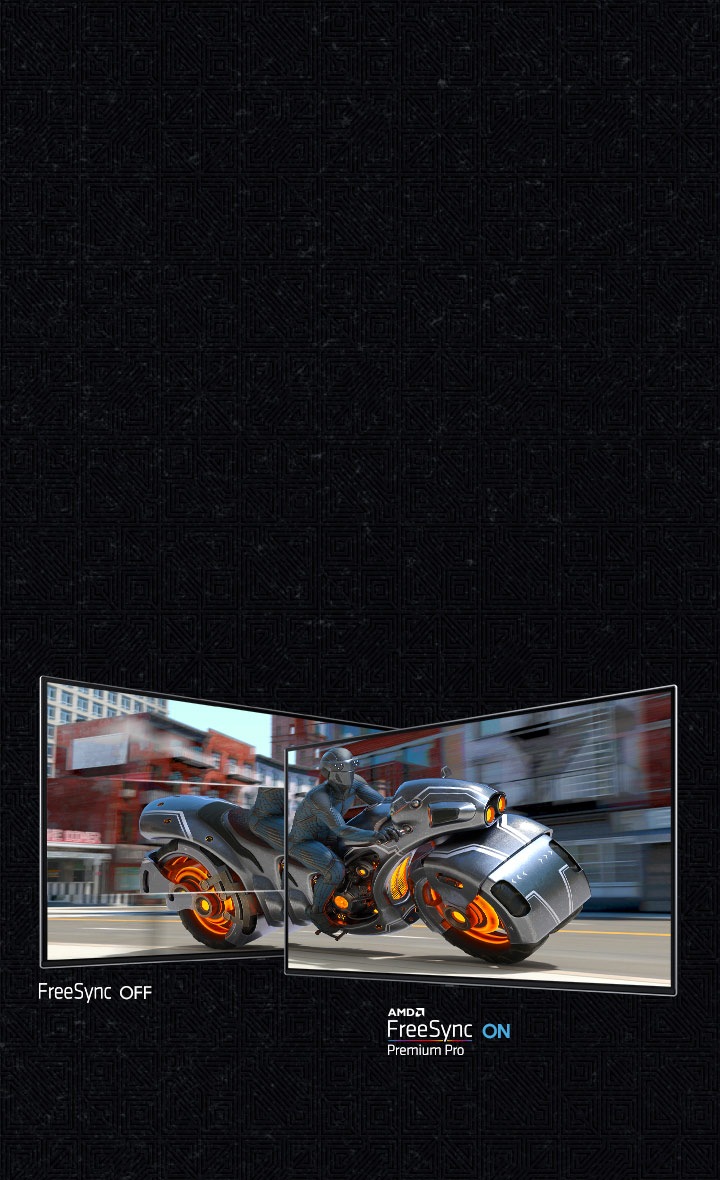 A screen shows a man riding a futuristic motorcycle and it is divided into two sections. The left section, labled "FreeSync OFF" shows the screen stuttering. The right side, labled "AMD FreeSync Premium Pro ON" is clear.