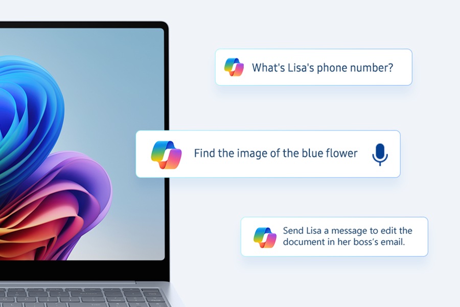 The Galaxy Book is open, facing forward. Next to it, use Microsoft Copilot to display three commands: "What is Lisa's phone number?" , "Looking for the image of the blue flower", and "Send a message to Lisa asking her to edit the file in her boss's email".