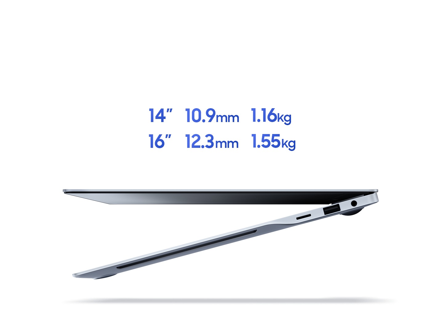 The Galaxy Book4 Edge is set up in the left view, slightly open, floating in mid-air. The 14-inch model is 10.9mm thick and weighs 1.16kg. The 16-inch model is 12.3mm thick and weighs 1.55kg.