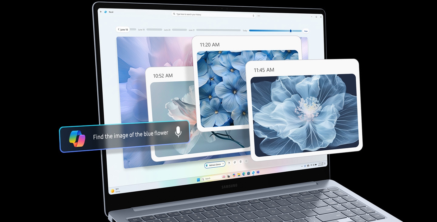 The Galaxy Book4 Edge is turned on, facing slightly to the right, with AI prompts on the screen and several historical snapshots of blue-pink flowers taken by users using the "Recall" feature in Copilot in Windows.