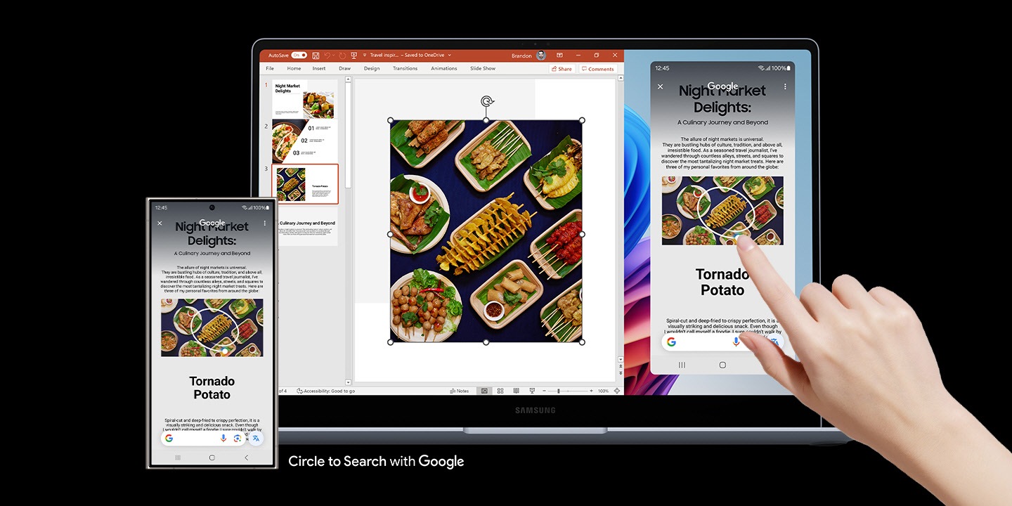 The Galaxy S24 Ultra connects to the Galaxy Book4 Edge via the Phone Link app. A person uses Google Note Assist to find food pictures directly on the Galaxy Book4 Edge via the Galaxy S24 Ultra, and then copies and pastes the pictures into a presentation file that opens on the laptop screen.