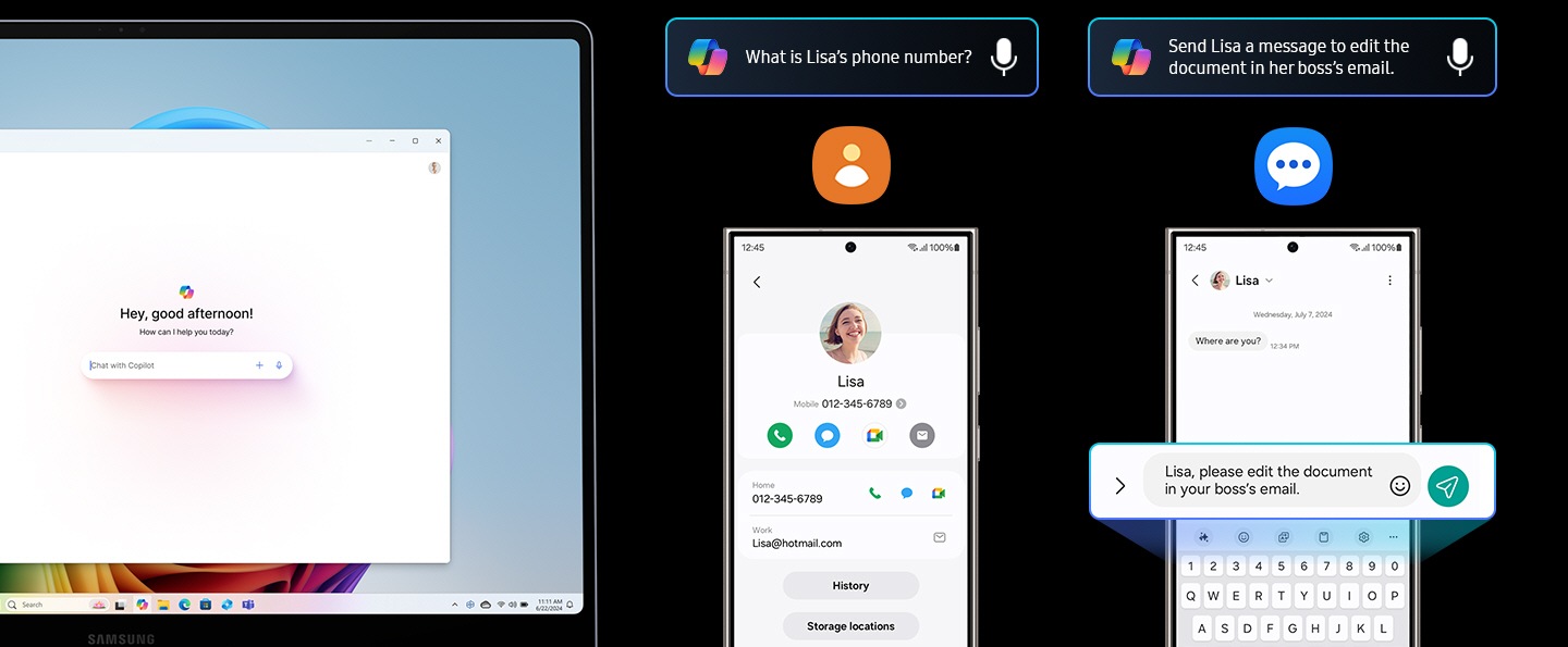 The Galaxy Book4 Edge is turned on and facing forward, with Microsoft Copilot on the screen. Next to them are two Galaxy S24 Ultra phones. The left side shows Lisa's contact information, along with the contact icon and instructions to ask for her phone number using Microsoft Copilot. On the right, a text addressed to Lisa appears with an information icon and a command to send her information about using Microsoft Copilot to edit files based on her boss's email.