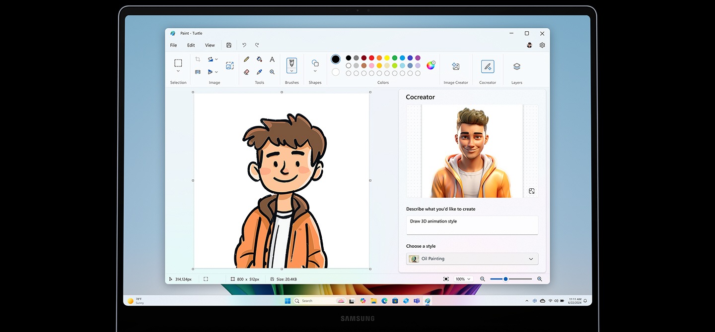 The Paint app opens on the screen on the Galaxy Book4 Edge and uses the Cocreator feature to convert character sketches into AI-generated images using 3D animation style.