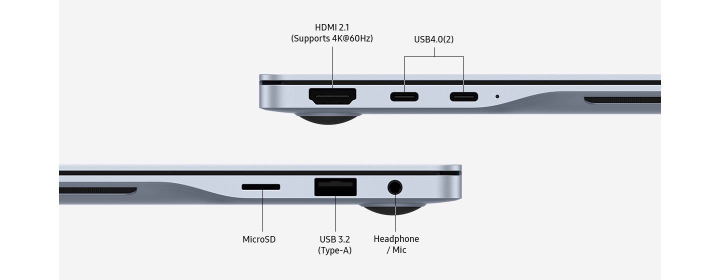 Two Galaxy Book4 Edge devices in fog gray and blue are set in the left and right side views to highlight the interface layout. The port is marked HDMI 2.1 (4K@60Hz supported). USB4.0(2)。 Micro SD. USB 3.2 Type A. Headphones/microphone high wind.