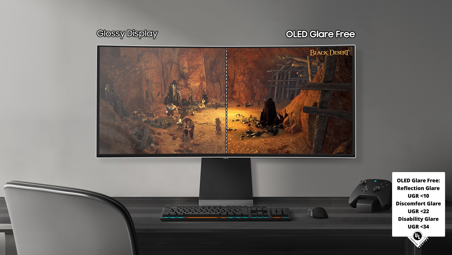A monitor sits on a desk in a bright room, with a mouse, keyboard, and game controller on the desk. The monitor shows a scene from the game Black Desert, split in half. The right side of the monitor, labeled 'OLED Glare Free' is more clear with less reflection than the left side, labeled, 'Glossy Display.'A badge in the bottom right corner shares glare-free specifications, reading 'OLED Glare Free: Reflection Glare UGR <10. Discomfort Glare UGR<22. Disability Glare UGR <34. UL, VERIFIED, verify.UL.com, V647799'
