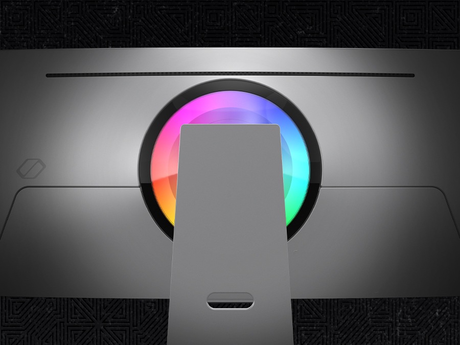 A closeup of the back of an Odyssey monitor is shown and a rainbow ring of lighting rotating clockwise.