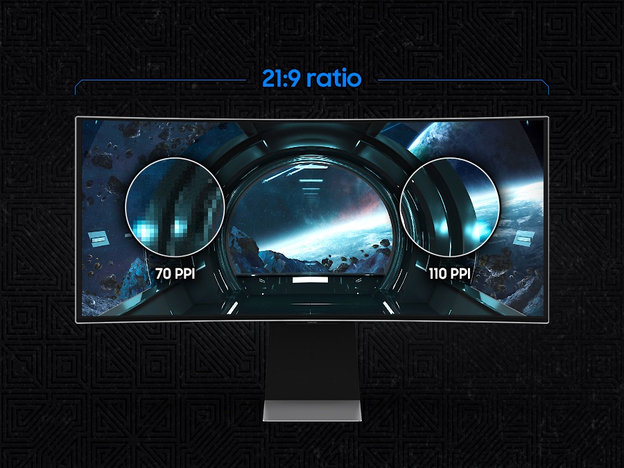 A monitor screen is divided into two sections with an universal content on its screen. The left side of the screen is pixelated, with a circle zooming into a further pixelated section labeled '70 PPI.' The right side of the screen is clearly rendered, with a circle zoomed into a crisp section labeled '110 PPI.'