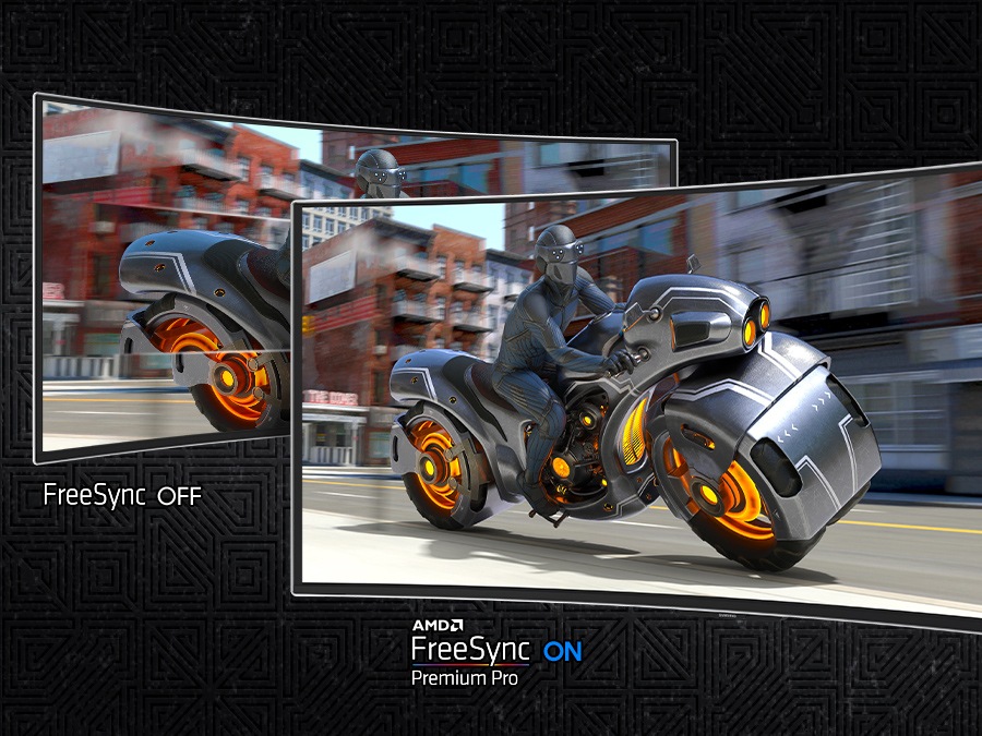 A screen shows a man riding a futuristic motorcycle and it is divided into two sections. The left section, labled 'FreeSync OFF' shows the screen stuttering. The right side, labled 'AMD FreeSync Premium Pro ON' is clear.
