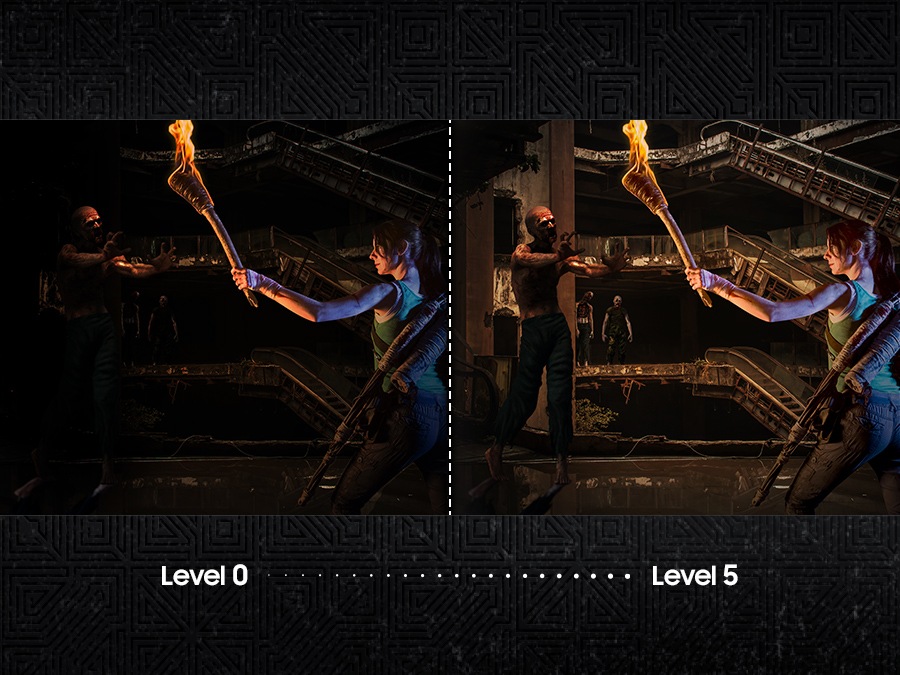 The same scene of a woman holding a torch in an underground crypt is shown side by side. The left scene is labeled "Level 0" and is darker than the right scene, labeled "Level 5".