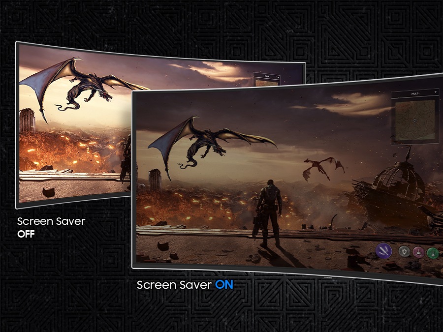 A screen is shown twice, with a man in front of a dragon flying over a battlefield. The left screen is labeled "Screen Saver OFF," showing the screen at full brightness. The right screen, labeled "Screen Saver ON," is dimmer.