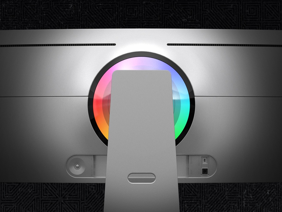 A closeup of the back of an Odyssey monitor is shown and a rainbow ring of lighting rotating clockwise.