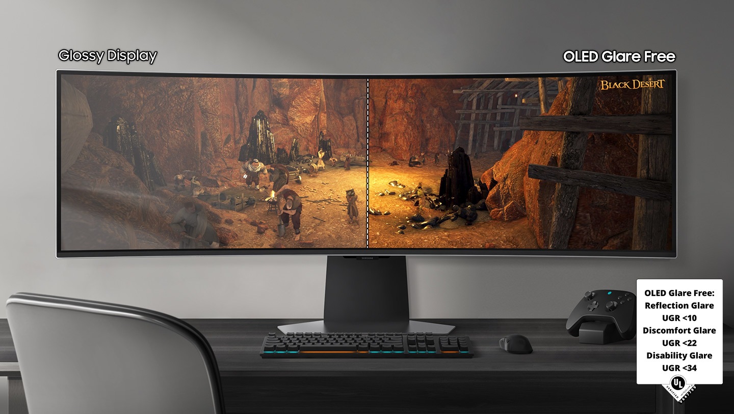 A monitor sits on a desk in a bright room, with a mouse, keyboard, and game controller on the desk. The monitor shows a scene from the game Black Desert, split in half. The right side of the monitor, labeled "OLED Glare Free" is more clear with less reflection than the left side, labeled, "Glossy Display."A badge in the bottom right corner shares glare-free specifications, reading "OLED Glare Free: Reflection Glare UGR <10. Discomfort Glare UGR<22. Disability Glare UGR <34. UL, VERIFIED, verify.UL.com, V647799"