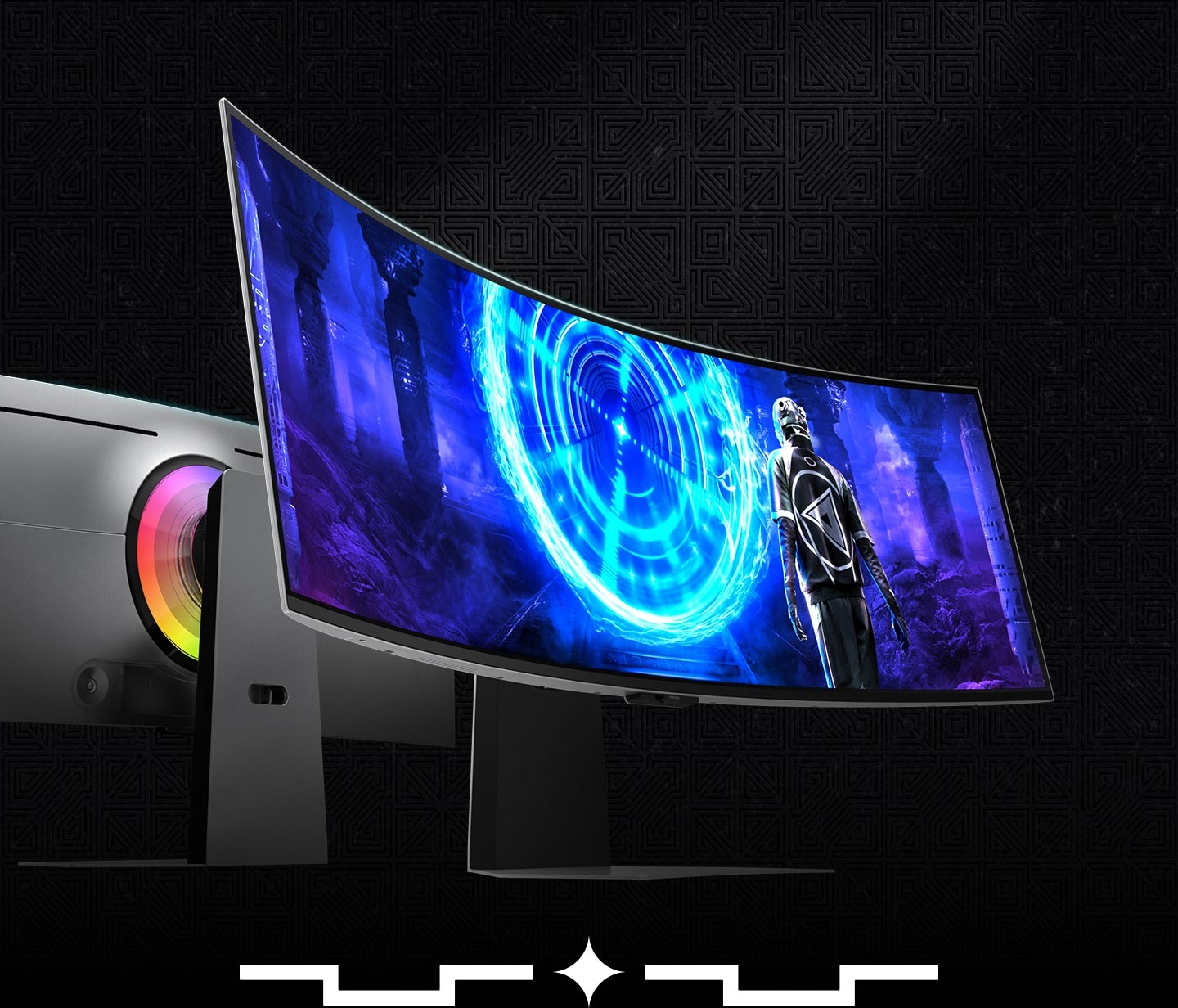 There are two Odyssey OLED G9 monitors. One is showing the back side of the product to show its core lighting+.