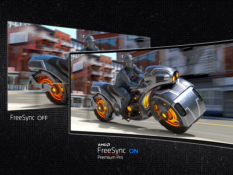 A screen shows a man riding a futuristic motorcycle and it is divided into two sections. The left section, labled "FreeSync OFF" shows the screen stuttering. The right side, labled "AMD FreeSync Premium Pro ON" is clear.