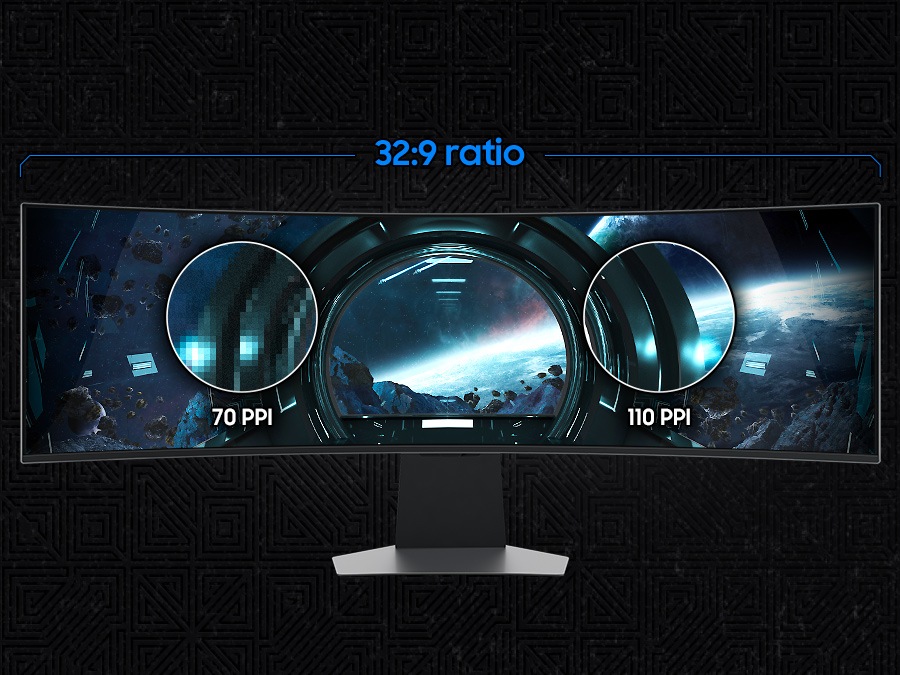 A monitor screen is divided into two sections with an universal content on its screen. The left side of the screen is pixelated, with a circle zooming into a further pixelated section labeled "70 PPI." The right side of the screen is clearly rendered, with a circle zoomed into a crisp section labeled "110 PPI."