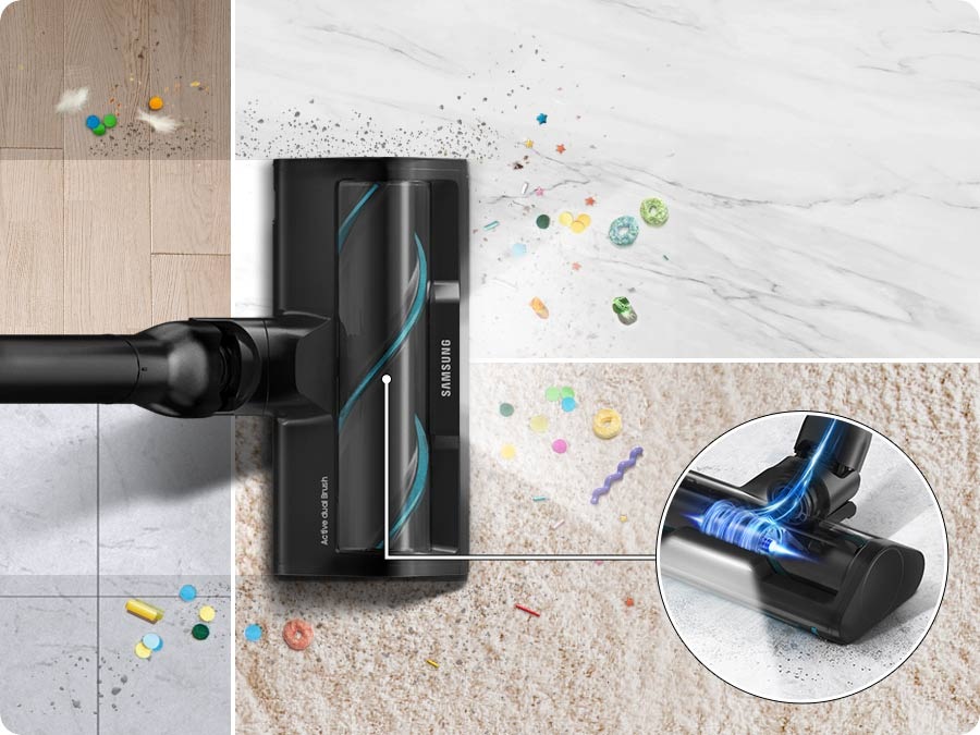 A Bespoke Jet™ AI with an Active Dual Brush cleans four different floor surfaces, each covered in dust and cereals: wood, tile, carpet, and marble. There is a close up of the brush attachment.