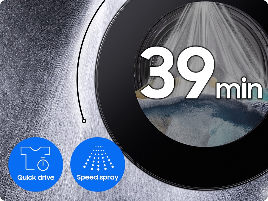 Clothes is in the drum and washing takes 39 min with the powerful speed spray. Quick drive and Speed spray features are shown in icons.