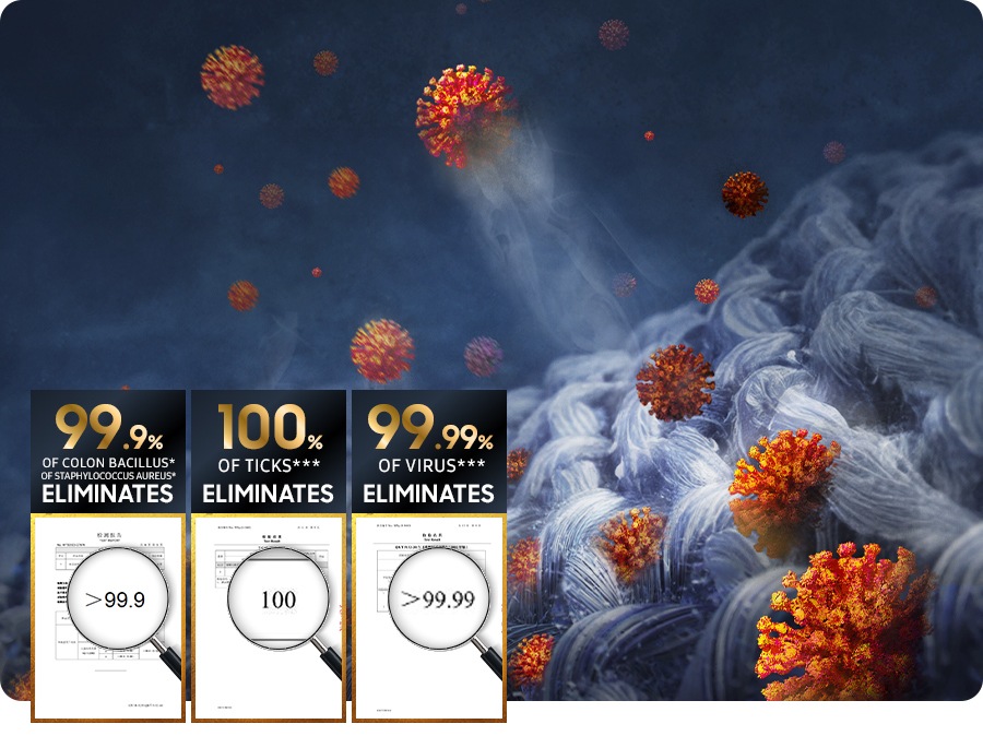 Hygiene Steam removes allergens and bacteria on clothes. It eliminates 99.9% of colon bacillus* of staphylococcus aureus*, 100% of ticks*** and 99.99% of virus***.