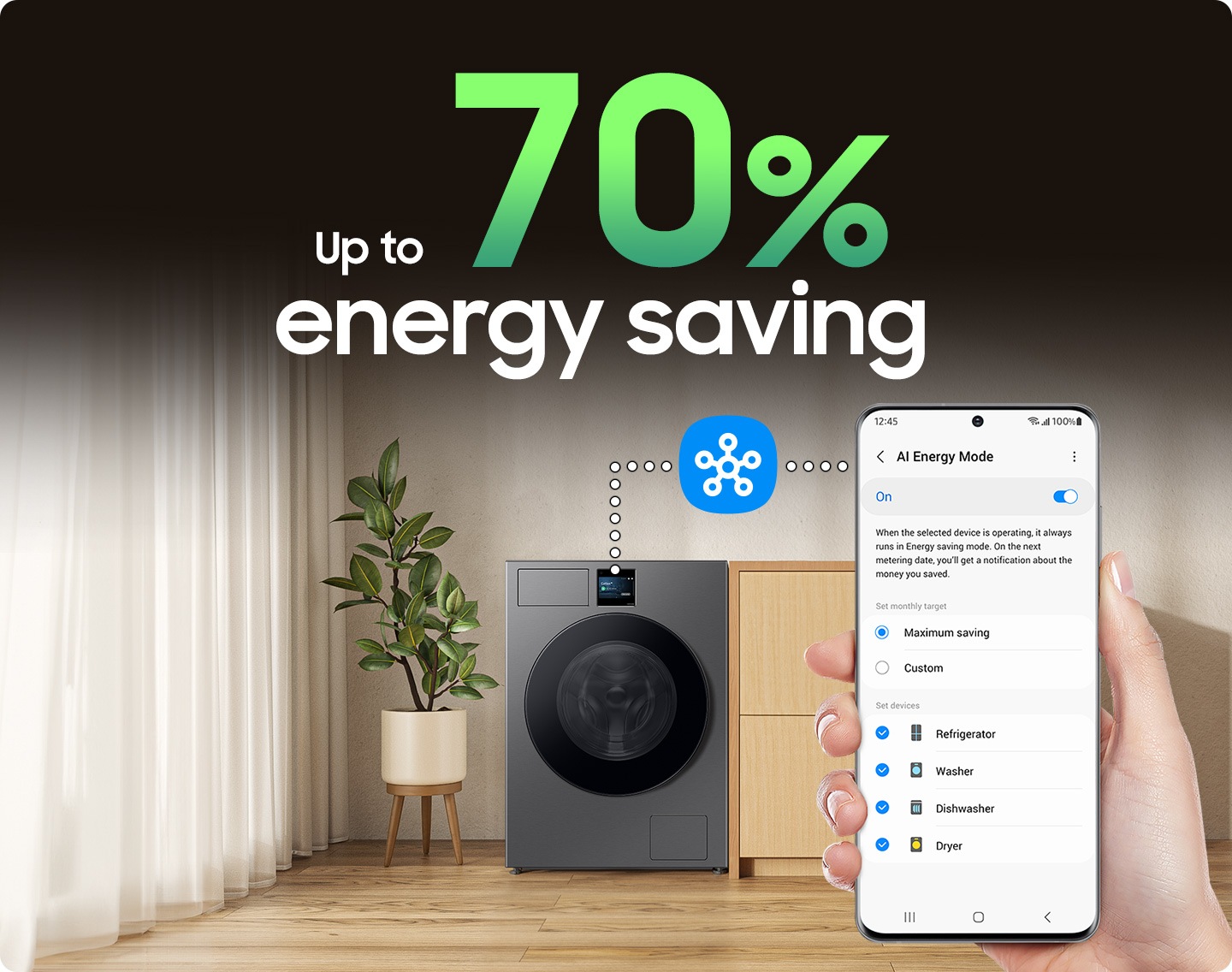 A person use AI Energy mode for washer via SmartThings app. AI Energy Mode is activated by checking the mode button to 'On' and selecting the device you want to run. AI Energy mode does energy saving up to 70%.