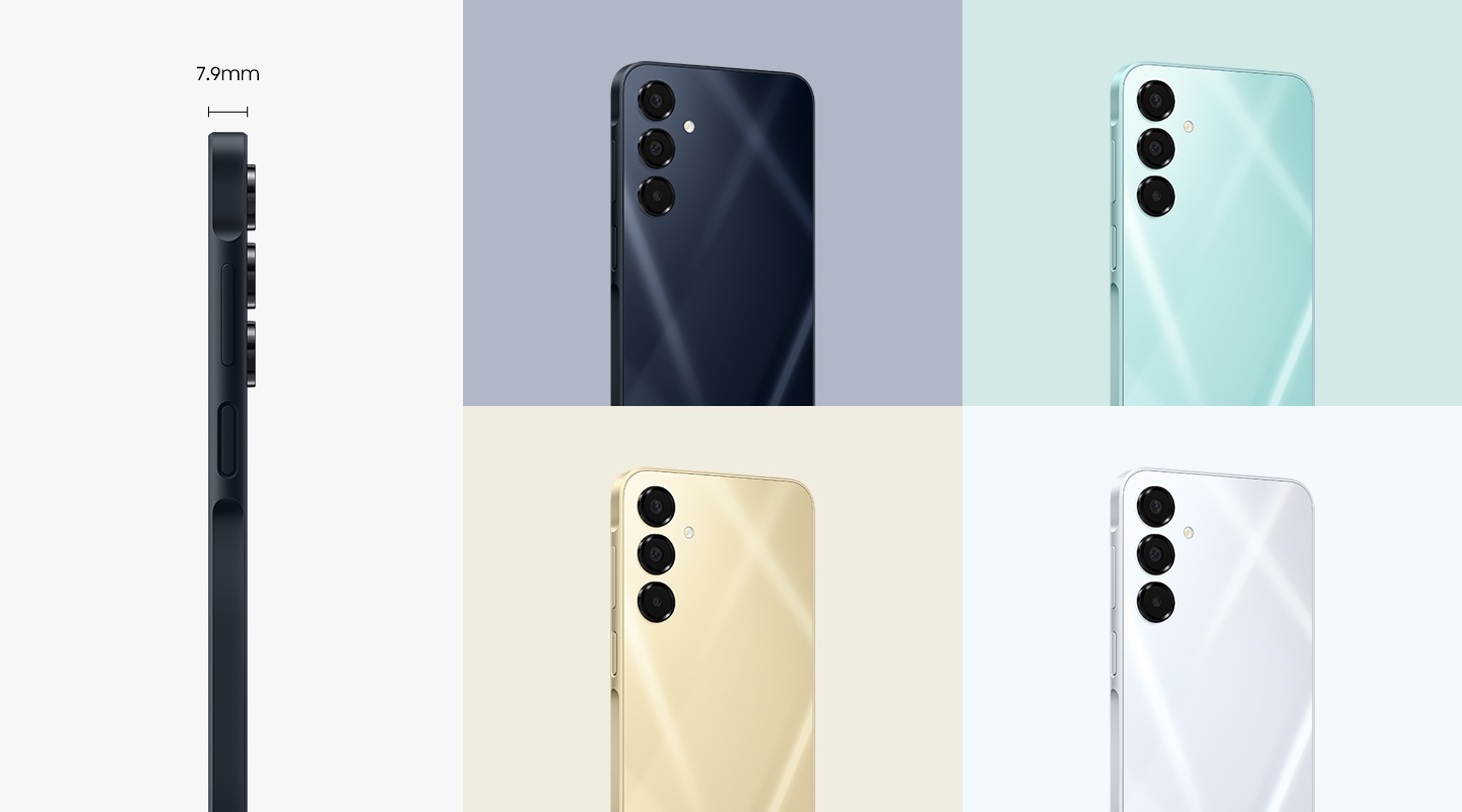 展示了五款 Galaxy A16 5G 裝置。其中一款面向側面，標題為 7.9 毫米，凸顯其纖薄的外形。另外四種顏色為藍黑色、淺綠色、金色和淺灰色，是從背面看的。