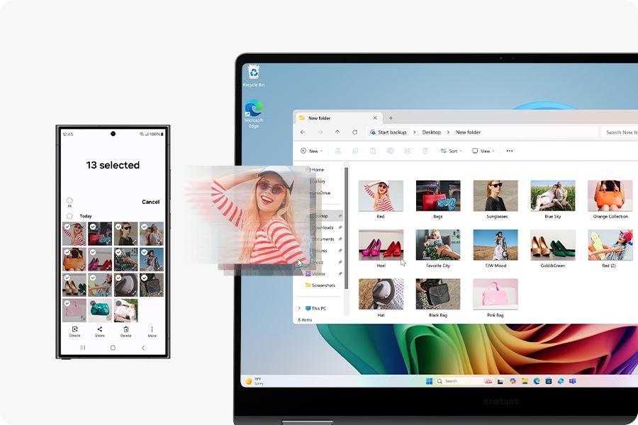 Galaxy S24 Ultra 和 Galaxy Book5 Pro 360 並排放置。使用 Multi Control 將 Galaxy S24 Ultra 屏幕上選取的影像複製到 Galaxy Book5 Pro 360 上的資料夾中，以操作兩台裝置。