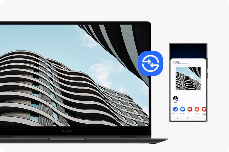 An image of a building, selected on the screen of Galaxy S24 Ultra, is shared via Quick Share to Galaxy Book5 Pro 360 and open in full screen. Quick Share icon shown.