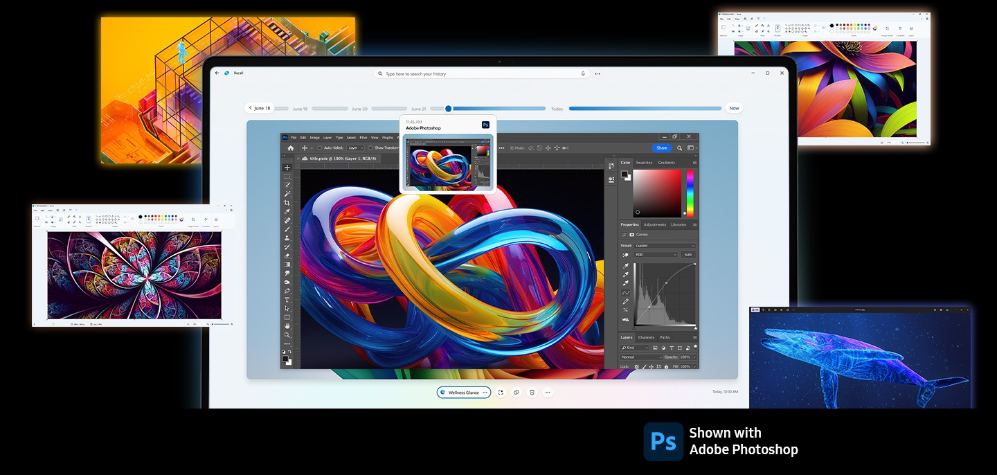 Adobe Photoshop 應用程式中開啟了彩色抽象影像，並顯示了 Recall 的屏幕截圖，其中顯示了時間線上不同查詢和選擇的搜尋結果。顯示帶有 Adob​​e Photoshop 徽標。