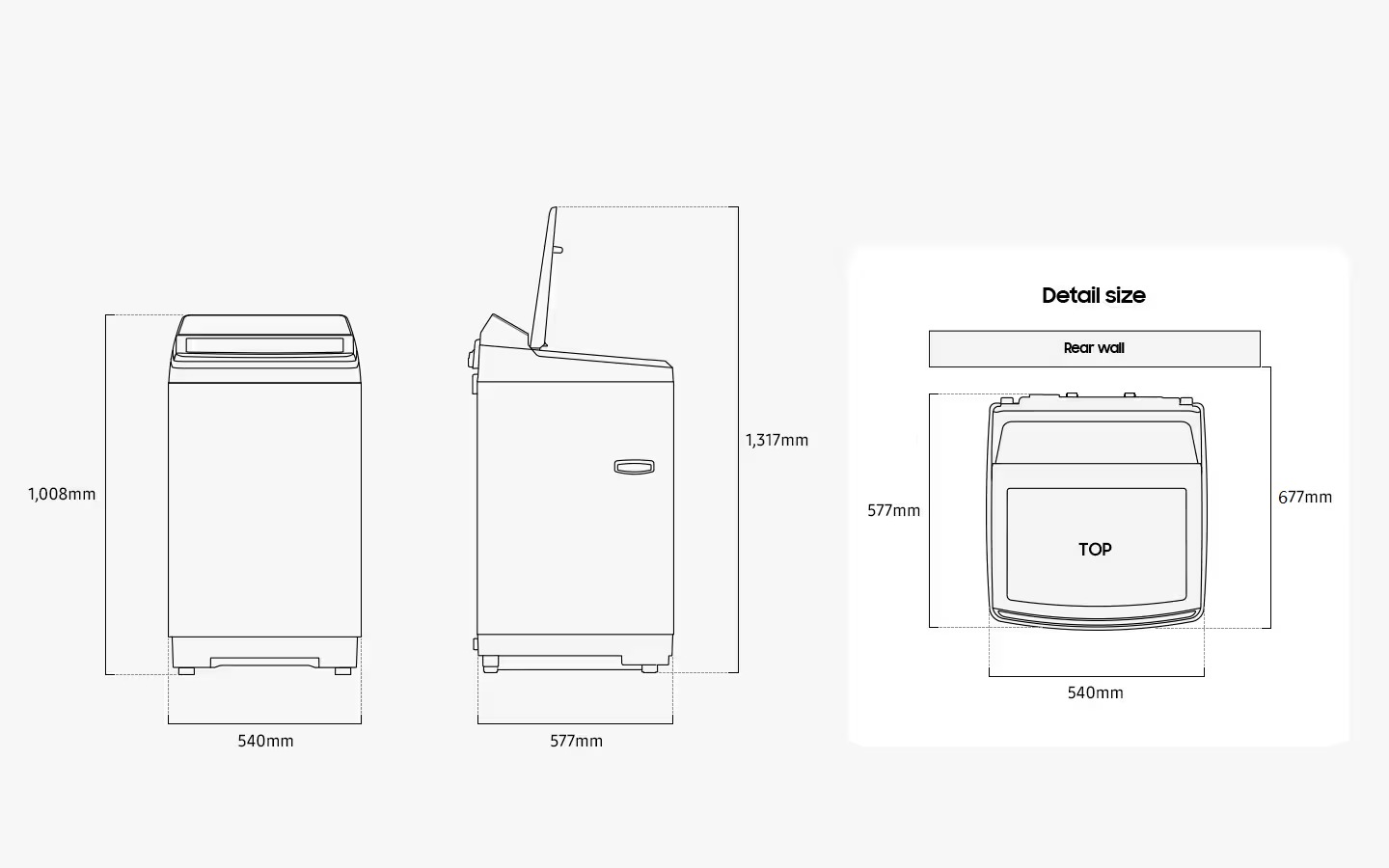 Illustration shows the Washer’s dimensions from the front, side, and top. Detail size is measured 540mm in width, 1,008mm in height, and 577mm in depth. When the door in the top is opened, it measures 1,317mm in total height. The washer must be installed depth front from to rear wall 727mm.
