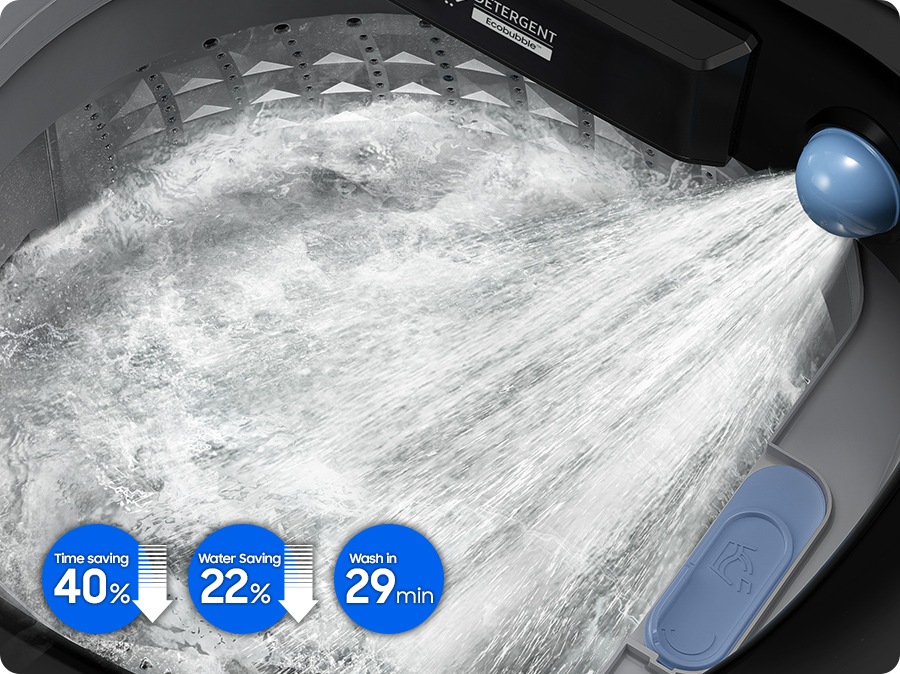 Inside the washing machine, Strong water Jet is coming out. Super Speed has 40% time saving, 22% water saving and wash in 29 min.