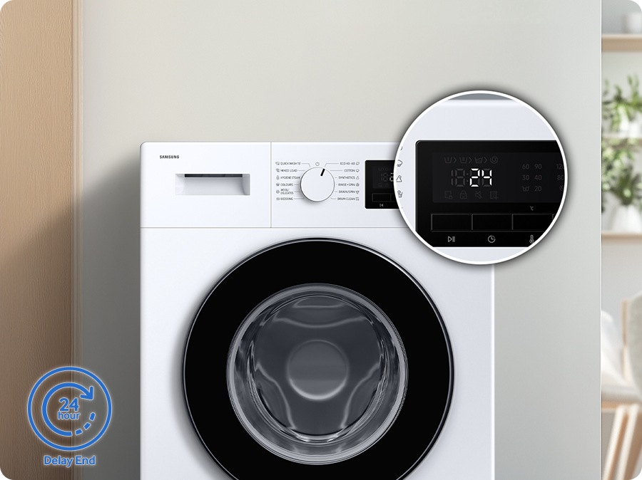 The number 24 appears on the display panel. The Delay End feature allows you to set laundry completion time up to 24 hours later.