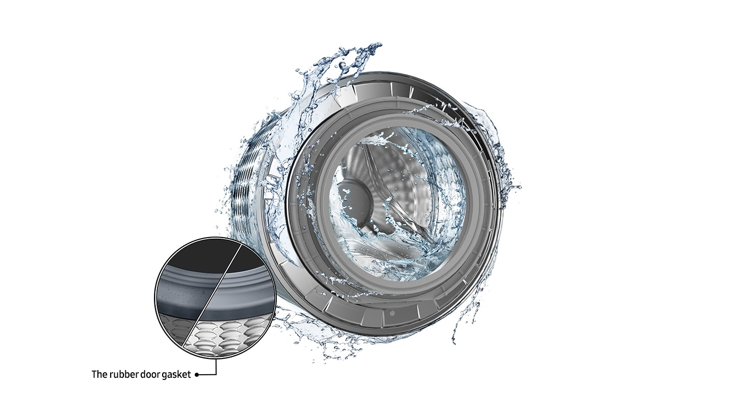The washer drum is surrounded by clean water and water jets are cleaning the inside. Close-up of the rubber door gasket comparing contaminated and clean conditions.