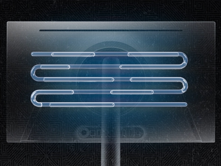 The back of the Odyssey OLED G6 is shown in a video, turning red to indicate heat. A x-ray view shows coils inside of the monitor evaporating and condensing a cooling liquid. The red turn to blue, indicating a cooler temperature.