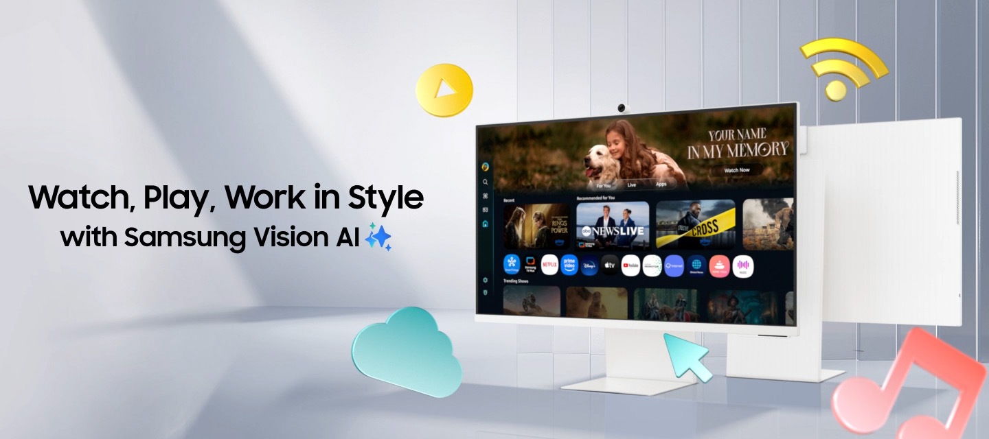 Watch, Play, Work in Style with Samsung Vision AI. Samsung Smart Monitor M8 enlarges as various icons, such as Copilot, Samsung TV Plus, and AI, and multiple scenes enter the screen. Cursor, Wi-Fi, music, play button, and cloud icons pop out of the monitor as it rotates. Back panel is also shown.