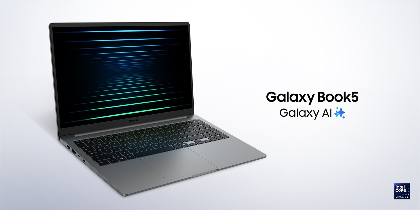 Galaxy Book5 is open, angled to the right, displaying a wallpaper with colorful lines creating a sense of depth. Galaxy AI. Intel Core Ultra 7 logo is shown.