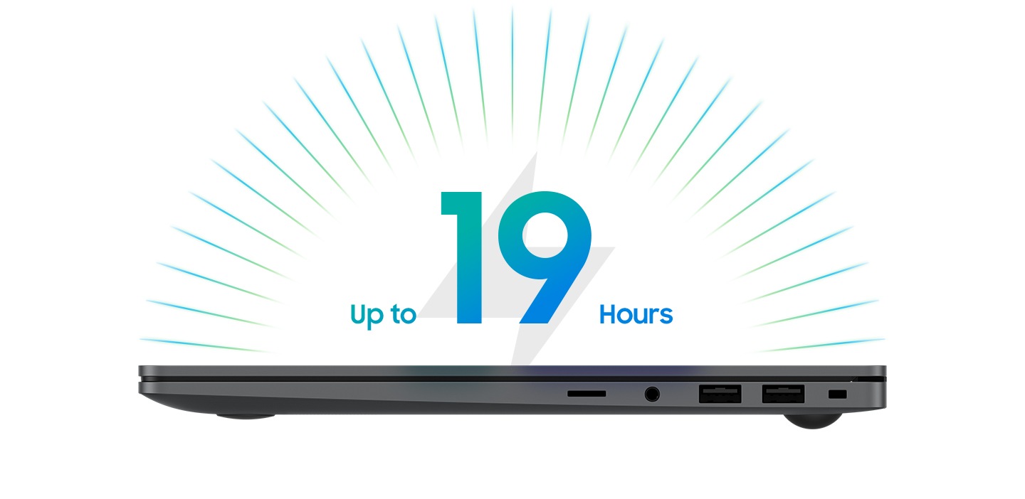 Galaxy Book5 Pro 360 關閉並設定在右側視圖中。支援長達 19 小時的電池續航力。