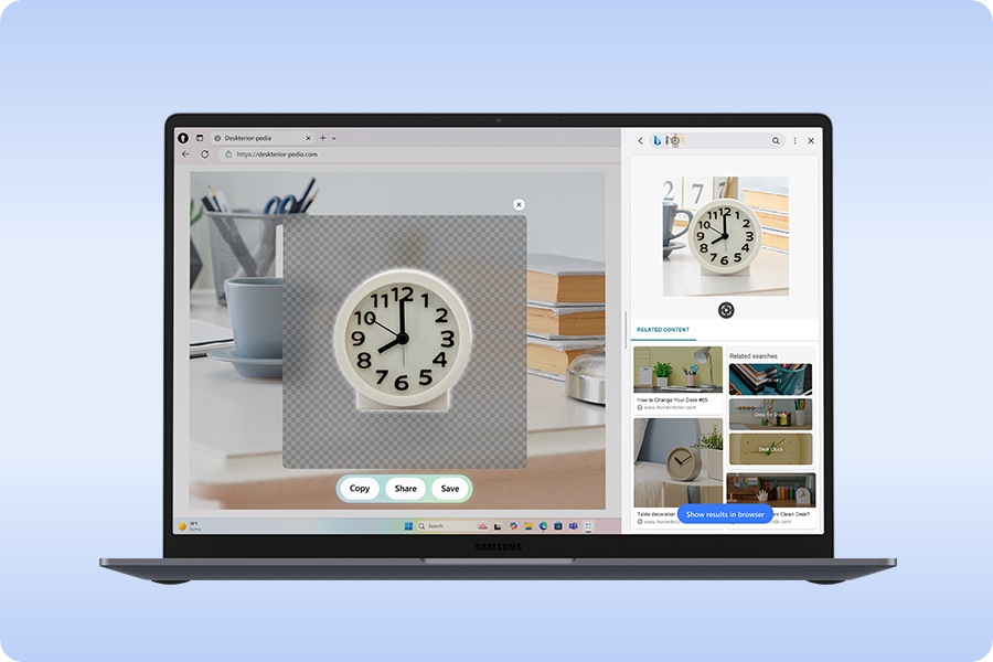 The Galaxy Book displays a browser page containing search results for images of indoor objects. A pop-up window shows an image of a white clock, with Copy, Share, and Save buttons below. Next to it is a screenshot of the white clock displaying related results, and at the bottom is a Show results in browser button.