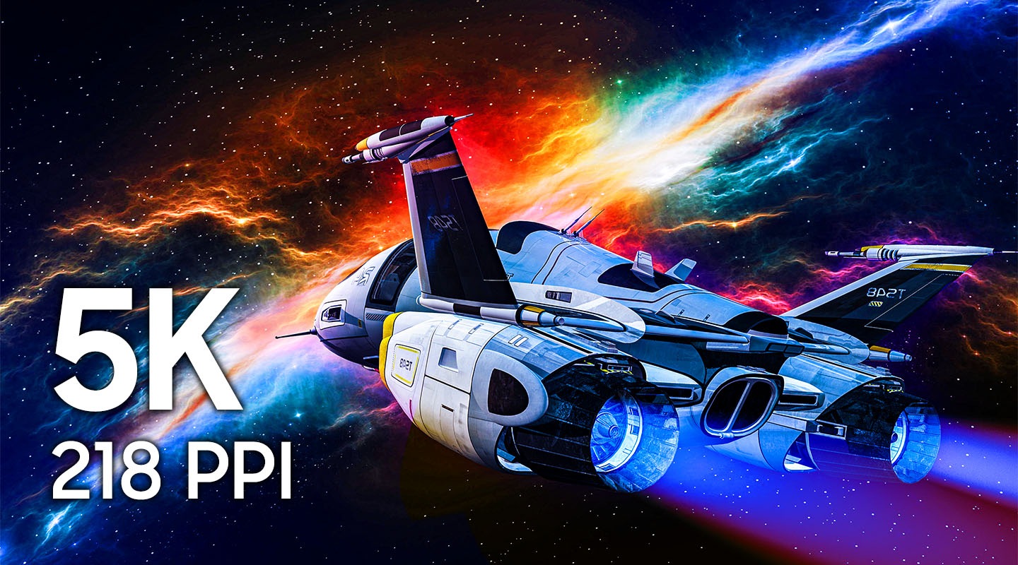 A high-resolution 5K with 218 PPI display showing a detailed spaceship.
