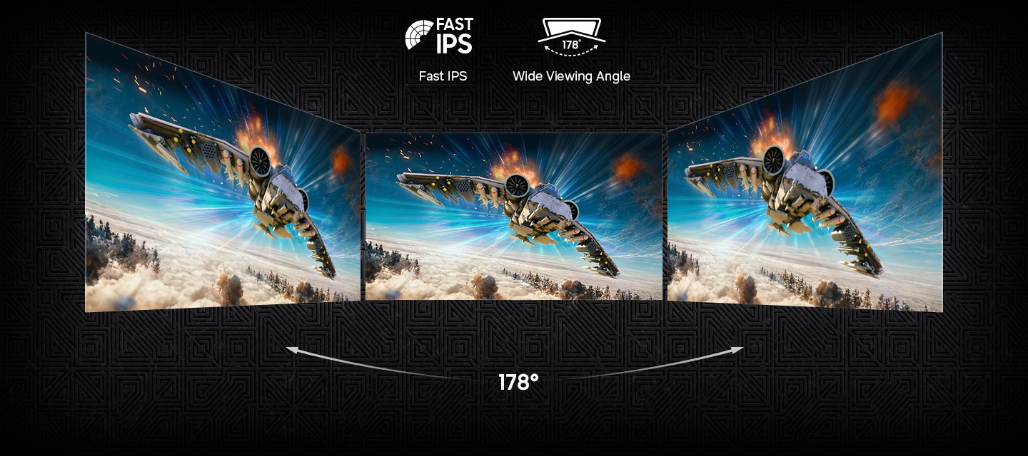 Fast IPS logo and 178-degree wide viewing angle logo. Three monitors display the same aerial combat scene from different angles.