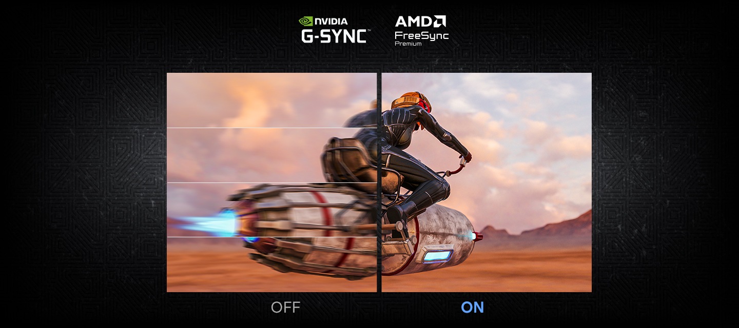 Two screens show a player riding a hovercraft in the desert. The image labeled ON is clearer than the image labeled OFF. AMD FreeSync Premium logo and NVIDIA G-Sync Compatible logo.