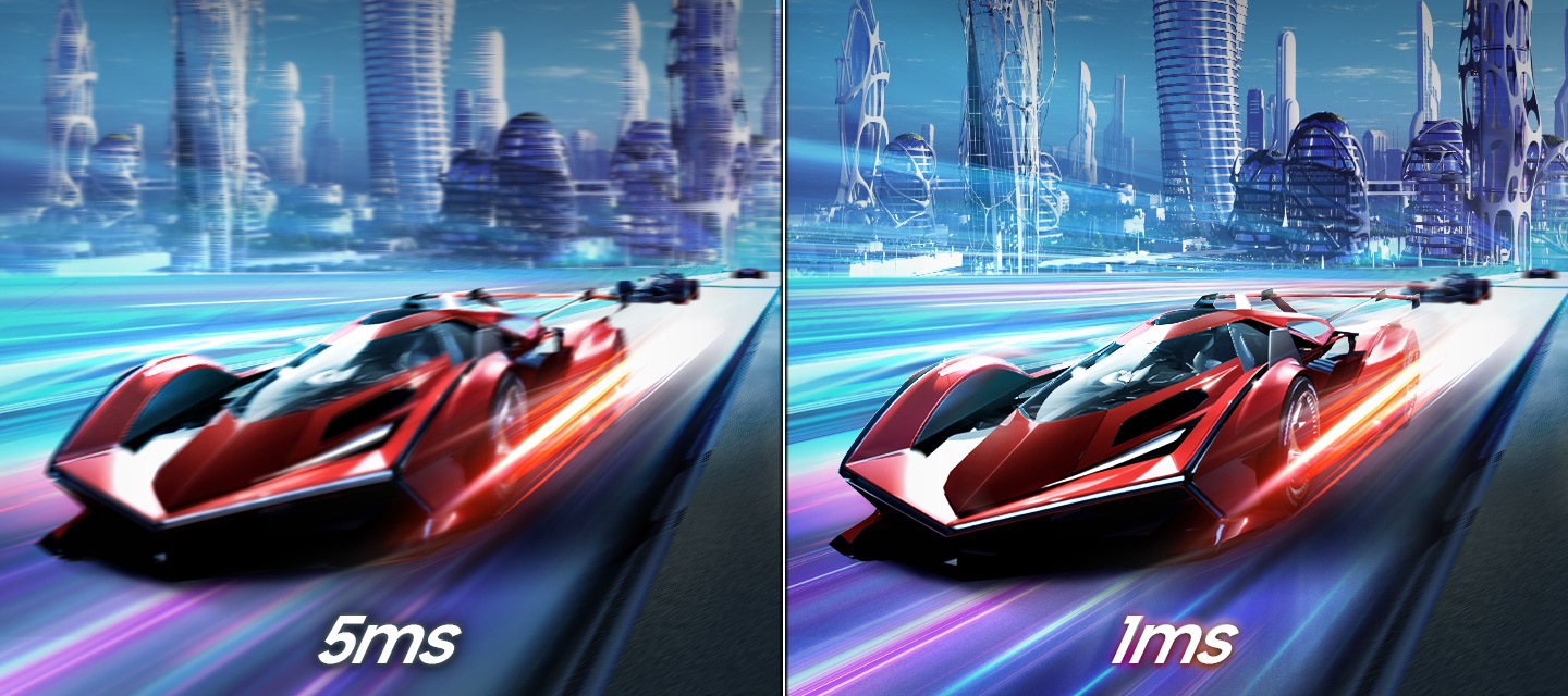 A sports car racing at full speed. The sports car can be seen clearly without lag in 1ms compared to 5ms.