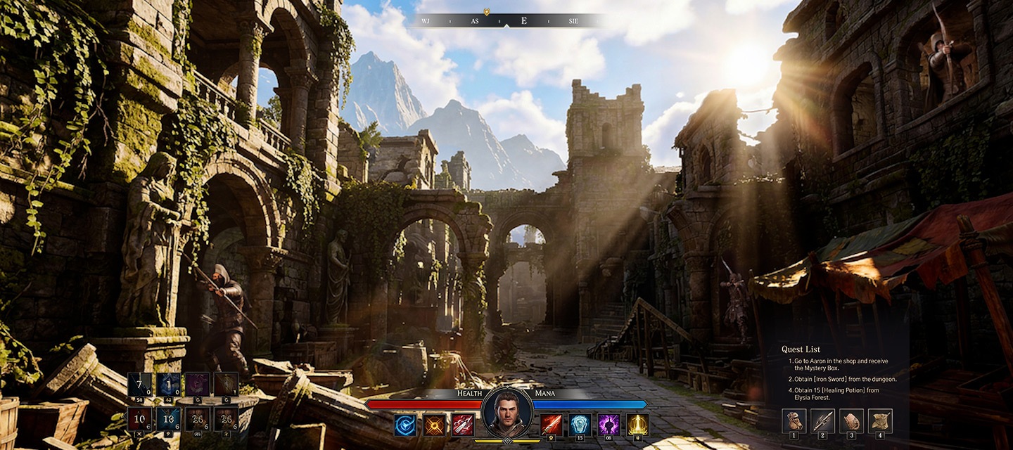 A rustic game environment with darkened areas is shown from a first-person perspective. Character information and Quest List are presented at the bottom. HDR10+ Gaming automatically outlines dark areas in the game scene and brightens them so enemies can be seen clearly.