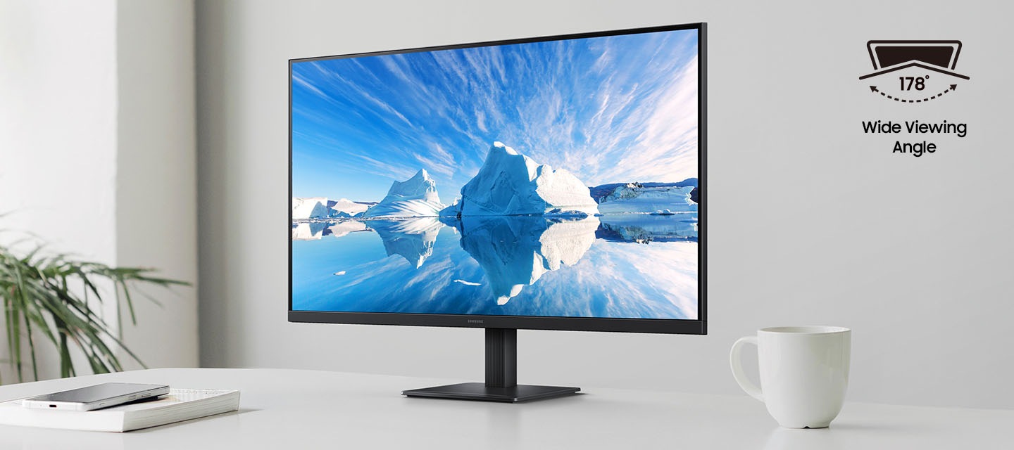 A monitor sits on a table in a home office setup, with an icon indicating a 178° wide viewing angle.