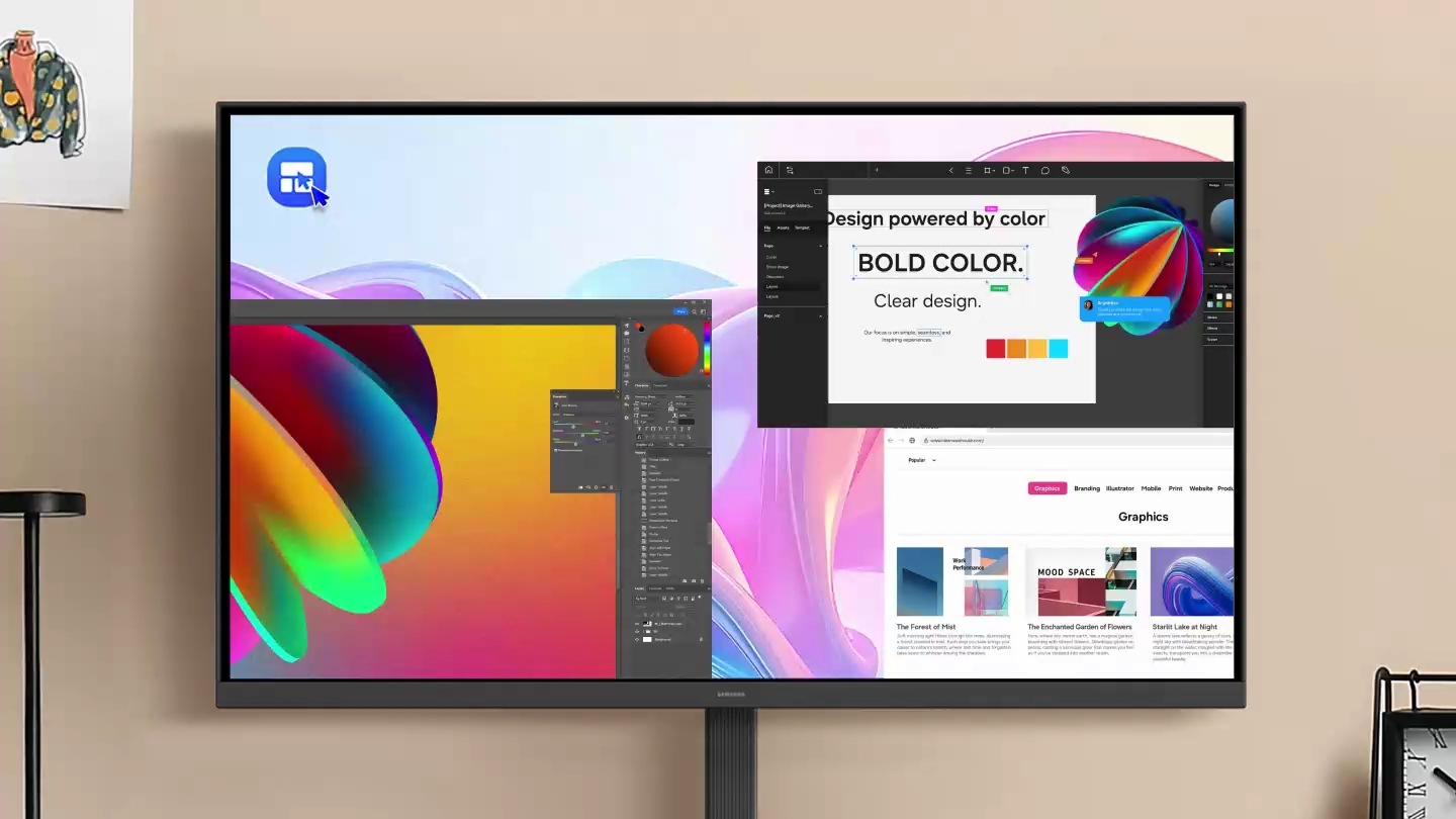 A monitor displays three apps on the screen. The cursor clicks the Samsung Display Manager icon, selects Picture settings, and adjusts the screen brightness. Next, it clicks Split Screen, enables Quick Split, and drags each app window onto the layout icons at the top to place the apps in the matching split-screen sections.