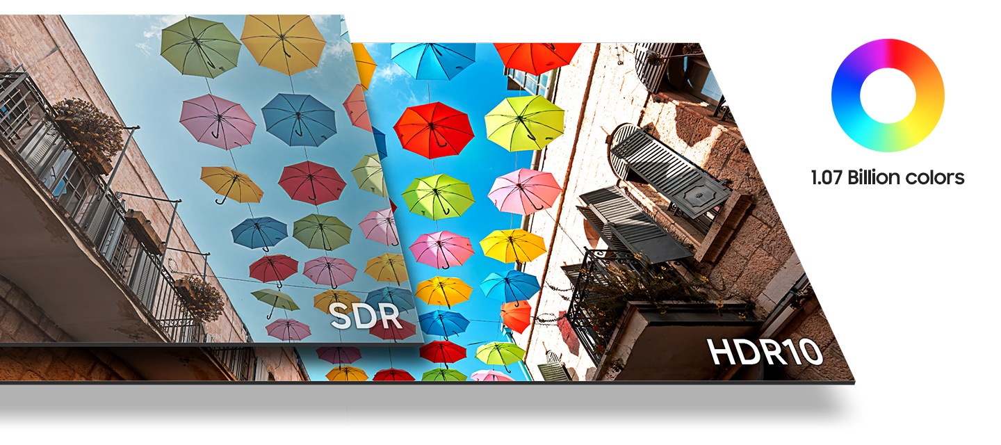 The HDR10 screen at the bottom shows a clearer image of the umbrellas than the SDR screen at the top. A color wheel icon to show 1.07 billion colors.